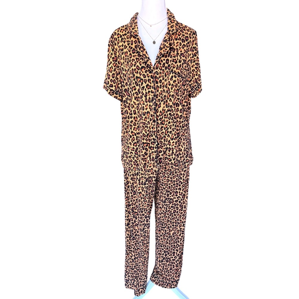 Rachel Zoe Leopard Pajama Set Loungewear Animal Print PJs Pants Top Large
